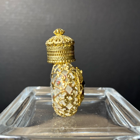 Miniature Czech Jeweled Gold Filigree Perfume Bottle with Dauber - Picture 4 of 9